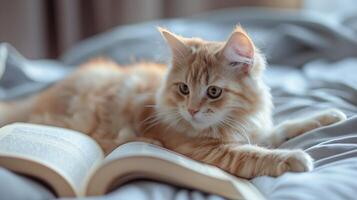 ai generiert ein süß Katze Lügen auf das Bett, mit ein Buch unter es ist Pfoten. das wenig Kätzchen mit Weiß lange Fell. generiert durch künstlich Intelligenz. foto
