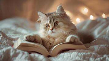 ai generiert ein süß Katze Lügen auf das Bett, mit ein Buch unter es ist Pfoten. das wenig Kätzchen mit Weiß lange Fell. generiert durch künstlich Intelligenz. foto