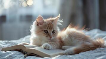 ai generiert ein süß Katze Lügen auf das Bett, mit ein Buch unter es ist Pfoten. das wenig Kätzchen mit Weiß lange Fell. generiert durch künstlich Intelligenz. foto