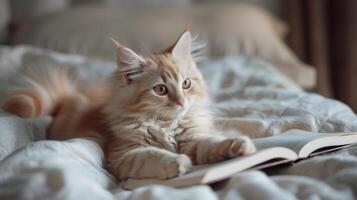 ai generiert ein süß Katze Lügen auf das Bett, mit ein Buch unter es ist Pfoten. das wenig Kätzchen mit Weiß lange Fell. generiert durch künstlich Intelligenz. foto