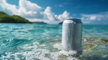 das einfach alkoholfreies Getränk können 330ml, schwebend im das Ozean mit tropisch Inseln im Hintergrund. generiert durch künstlich Intelligenz. foto