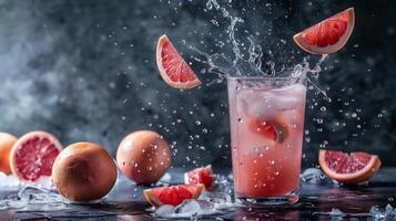 Vertikale Glas mit Rosa Grapefruit Saft. fliegend Grapefruit, Essen Fotografie, dunkel Hintergrund. generiert durch künstlich Intelligenz. foto