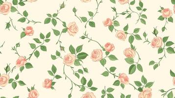 pfirsichfarben Rosen und Grün Blätter Muster auf ein Weiß Hintergrund, im ein Jahrgang Stil, nahtlos Hintergrund, mit ein Pastell- Farbe Palette. generiert durch künstlich Intelligenz. foto