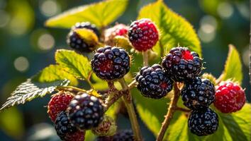 reif Brombeeren auf ein Ast von das Garten Ernte foto