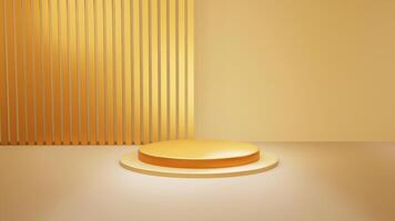 Gold Luxus Podium Farbe 3d Hintergrund mit geometrisch Formen Kreis, Anzeige leeren Sockel auf einer Böden gebogen Mauer das Plattform zum Produkt Präsentation minimal, Kosmetika, Kopieren Raum, Wiedergabe. foto