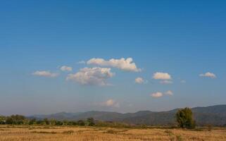 Blau Himmel mit Weiß Wolken und Herbst Bauernhof. Landschaft Landschaft foto