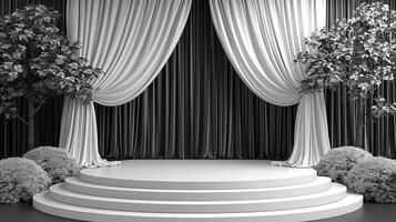schwarz und Weiß Foto von ein Bühne mit Vorhänge