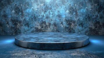 ein Blau Bühne mit ein runden Podium im Vorderseite von ein Mauer foto
