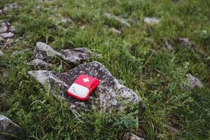 ein rot Tasche mit ein Kreuz Lügen auf ein Stein, ein zuerst Hilfe Bausatz, ein Paket zum ein einstellen von Medikamente auf Fuß durch das Wald, ein natürlich Aussicht foto