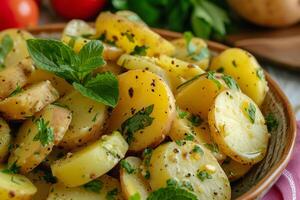 beschwingt Kartoffel Salat gewürzt mit Kräuter und Grün Zwiebel foto
