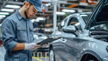 ein Mann vorsichtig inspizieren ein Auto im ein Fabrik Rahmen foto