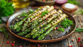 frisch gegrillt Spargel Speere auf rustikal Teller mit Gewürze foto