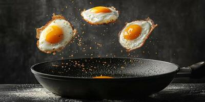 schweben gebraten Eier über brutzelnd schwenken mit Spritzen Öl foto