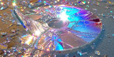 zerschlagen CD auf funkelnd Hintergrund reflektieren Licht foto