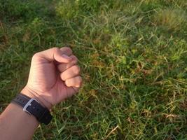 ein Mann, der geballte Hand auf Grasgartenhintergrund zeigt foto