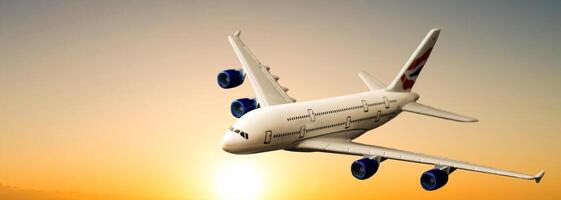 Weiß Passagier Flugzeug fliegend im das Himmel tolle Wolken im das Hintergrund - - Reise durch Luft Transport. foto