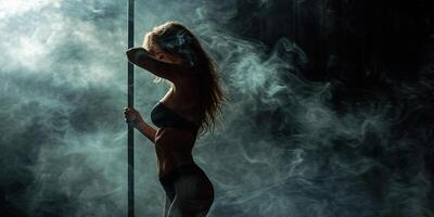 ai generiert jung sexy Pole tanzen Frau auf alt Mauer Hintergrund. Jahrgang Film Stil Farben. foto