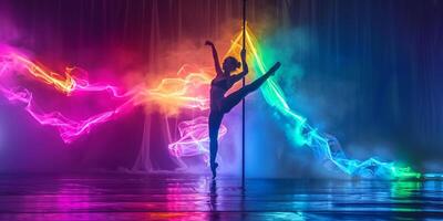 ai generiert Pole tanzen. jung schlank sexy Frau Tanzen auf ein Pole im das Innere von ein Nachtclub mit Licht und Rauch. foto