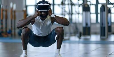 ai generiert Mann im virtuell Wirklichkeit Headset ausüben im Fitnessstudio foto