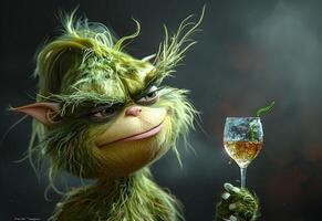 ai generiert grinch ist halten ein Wein foto