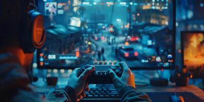 ai generiert Gamepad im das Hände von ein Spieler auf ein technologisch Hintergrund. Neon- Beleuchtung. Video Spiele online mit Freunde, Gewinn, Preise, Spaß Unterhaltung, Jugend Kultur, virtuell Wirklichkeit. foto