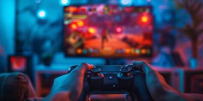 ai generiert Gamepad im das Hände von ein Spieler auf ein technologisch Hintergrund. Neon- Beleuchtung. Video Spiele online mit Freunde, Gewinn, Preise, Spaß Unterhaltung, Jugend Kultur, virtuell Wirklichkeit. foto