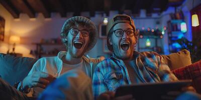 ai generiert zwei glücklich Fröhlich Männer sind Aufpassen Fernseher während halten jeder Andere Hand. foto