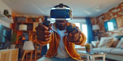 ai generiert jung kaukasisch Mann Streamer spielen Video Spiel mit virtuell Wirklichkeit Brille und Joystick beim Spielen Zimmer foto
