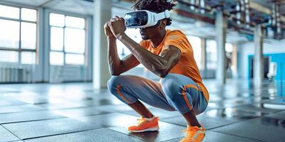 ai generiert Mann im virtuell Wirklichkeit Headset ausüben im Fitnessstudio foto