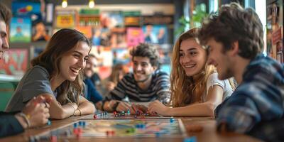 ai generiert ein Gruppe von jung Menschen abspielen Tafel Spiele. Zeit zusammen. ,Planke Spiele Konzept foto