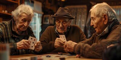 ai generiert Gruppe von Senioren spielen Karten im das Pensionierung Haus foto