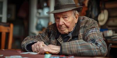 ai generiert Senior Mann wie ein Rentner während spielen Karten mit freunde beim Zuhause oder beim Pensionierung Zuhause foto