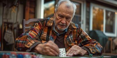 ai generiert Gruppe von Senioren spielen Karten im das Pensionierung Haus foto