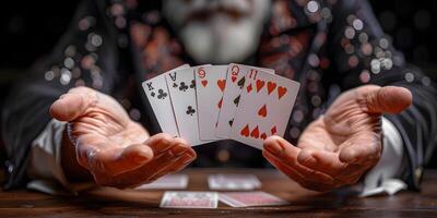 ai generiert Zauberer zeigt an Trick mit spielen Karten. Schlitten von Hand. Manipulation mit Requisiten. foto