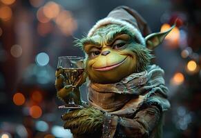 ai generiert grinch ist halten ein Wein foto