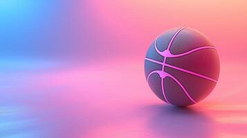 ai generiert Basketball Ball mit glühend Linien auf bunt Blau und Rosa Neon- Licht Hintergrund. futuristisch Sport Konzept. 3d Rendern foto