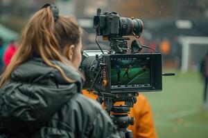 ai generiert Fernseher Kamera beim das Stadion während Fußball Streichhölzer. Fernsehen Kamera während das Fußball Spiel foto