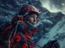 ai generiert Klettern ein schneebedeckt Berg, zwei Frauen im Winter Wandern, Kletterer steigen zu das oben von das Berg im Winter foto