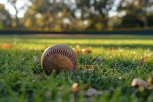 ai generiert alt getragen Leder Baseball auf Holz mit Licht foto