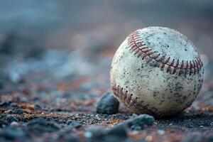 ai generiert alt getragen Leder Baseball auf Holz mit Licht foto