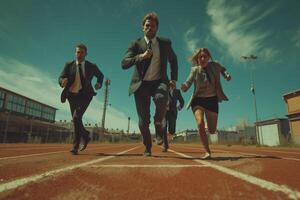 ai generiert Geschäft Menschen Laufen zusammen auf Rennen Spur foto