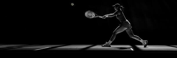 ai generiert abstrakt Silhouette von ein Tennis Spieler auf Weiß Hintergrund. Tennis Spieler Mann mit Schläger Treffer das Ball. Illustration foto