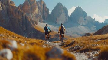 ai generiert Radfahren Frau und Mann Reiten auf Fahrräder im Dolomiten Berge und Landschaft. Paar Radfahren mtb Enduro Weg Schiene. draussen Sport Aktivität. foto