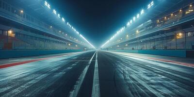 ai generiert Leichtathletik Stadion mit Spur beim Allgemeines Vorderseite Nacht Aussicht Sport Thema machen Illustration Hintergrund foto