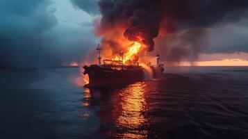 ai generiert Feuer auf ein Ladung Schiff. ein Schiff Tragen verflüssigt Gas ist verschlungen im Flammen. Explosion und Feuer auf ein Gas Träger auf das hoch Meere. 3d Rendern foto