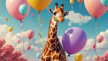 süß Karikatur Giraffe mit Luftballons Überraschung foto