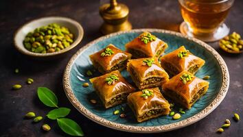 Süss Baklava mit Nüsse im ein Teller foto