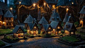 Miniatur Szene von Fantasie mittelalterlich Gebäude Dorf beim Nacht, foto