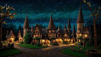 Miniatur Szene von Fantasie mittelalterlich Gebäude Dorf beim Nacht, foto