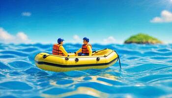 Miniatur Szene von Floß Rettung schweben Boot und Sand Strand Insel, foto